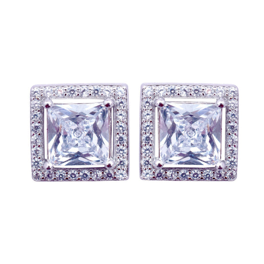 LustreCo 92.5 Pure Silver Earrings Princess Cut Solitaire Stud CZ White Gold Earrings For Women & Girls