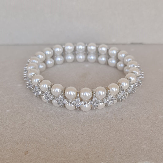 Dazzling Pearl Flex Bracelet – Silver Alloy & Cubic Zirconia