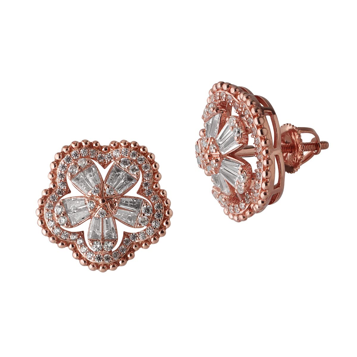 Rose Gold Flower Stud Earrings in 92.5 Silver with Baguette CZ