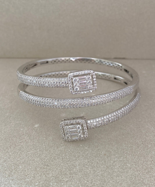 Elegant EdgeLine Silver Cuff Bracelet with CZ & Semi-Precious Stones