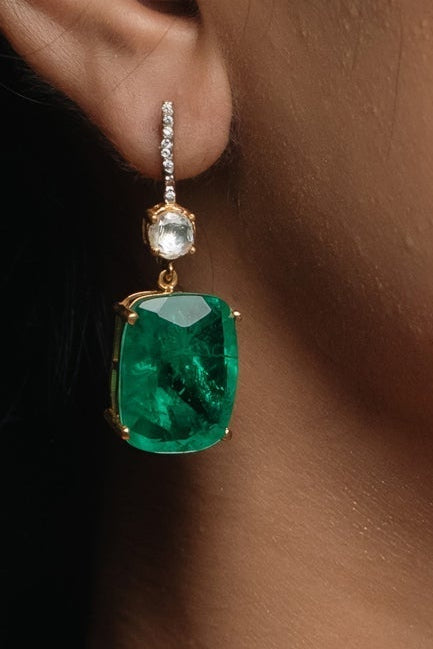 Gold Plated 925 Silver Emerald Fringe Earrings with Moissanite Polki