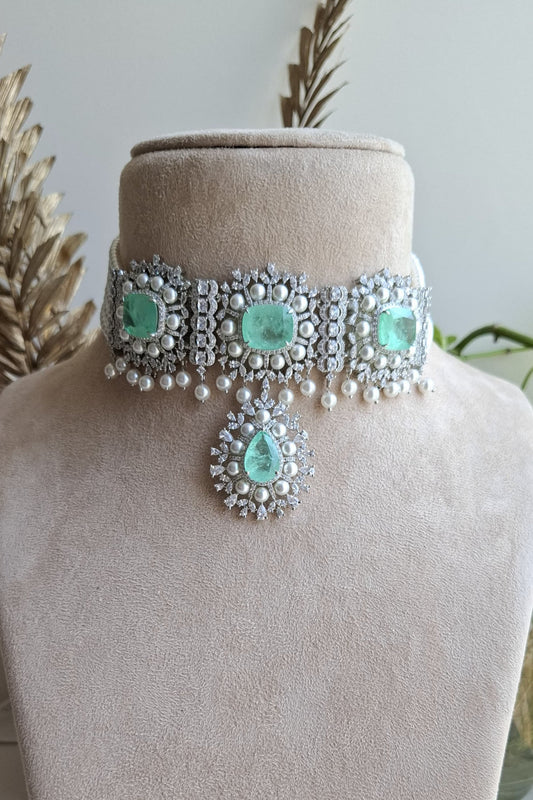 Emira Silver Alloy Choker Set with CZ & Semi-Precious Stones