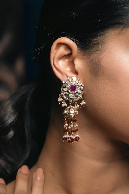 Empress Rose Jhumkas: Gold Plated 925 Silver, Moissanite Polki