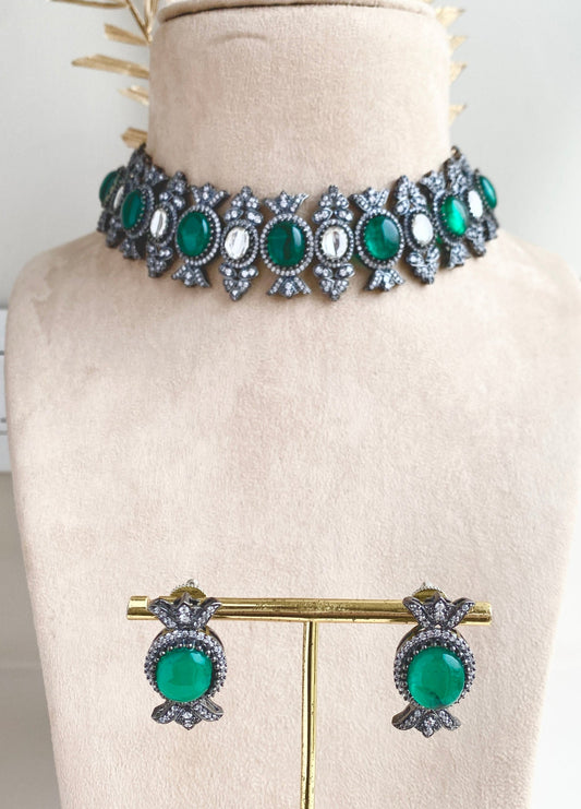 Enchanted Noir Choker Set - Silver Alloy, CZ & Semi-Precious Stones