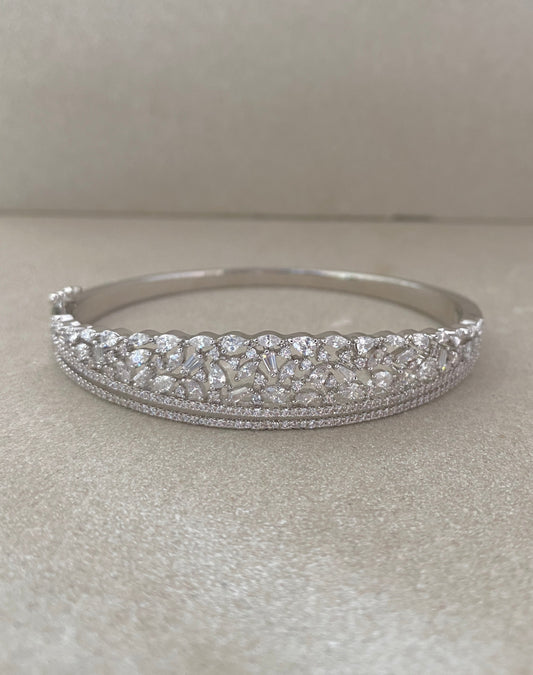 Elegant Eterna Silver Alloy Cuff Bracelet with CZ & Semi-Precious Stones