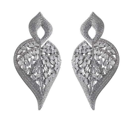 92.5 Silver Big Leaf Earrings with Baguette & Round CZ | Lustreco