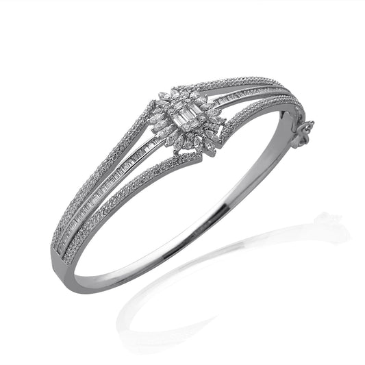 LustreCo 92.5 Silver Bracelet Center Flower with Three Lines Round CZ In White Gold Color For Women, Girls