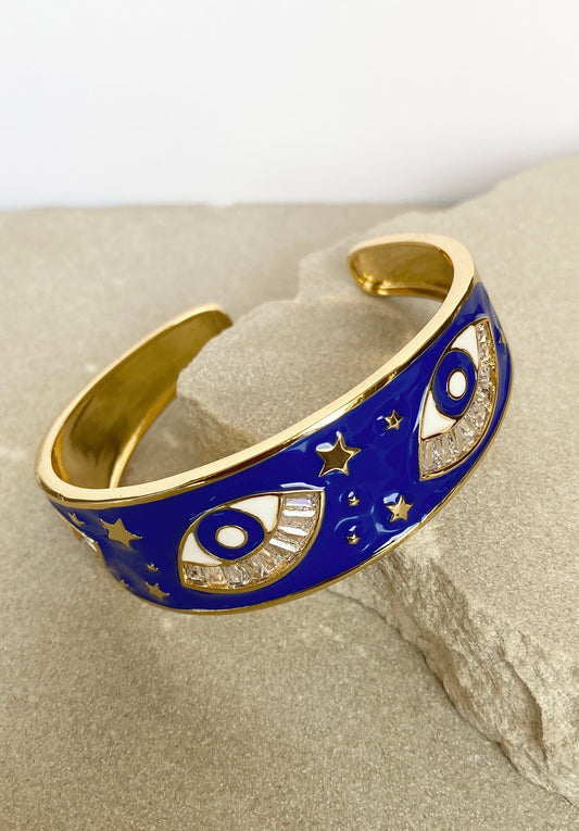Silver Alloy Evil Eye Cuff Bracelet with Zirconia & Semi-Precious Stones