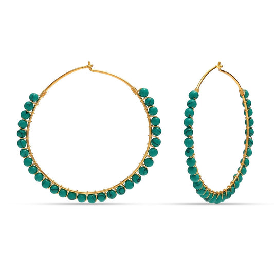 925 Sterling Silver 14K Gold Plated Large Beaded Round Western Turquoise Hoop Earrings for Women