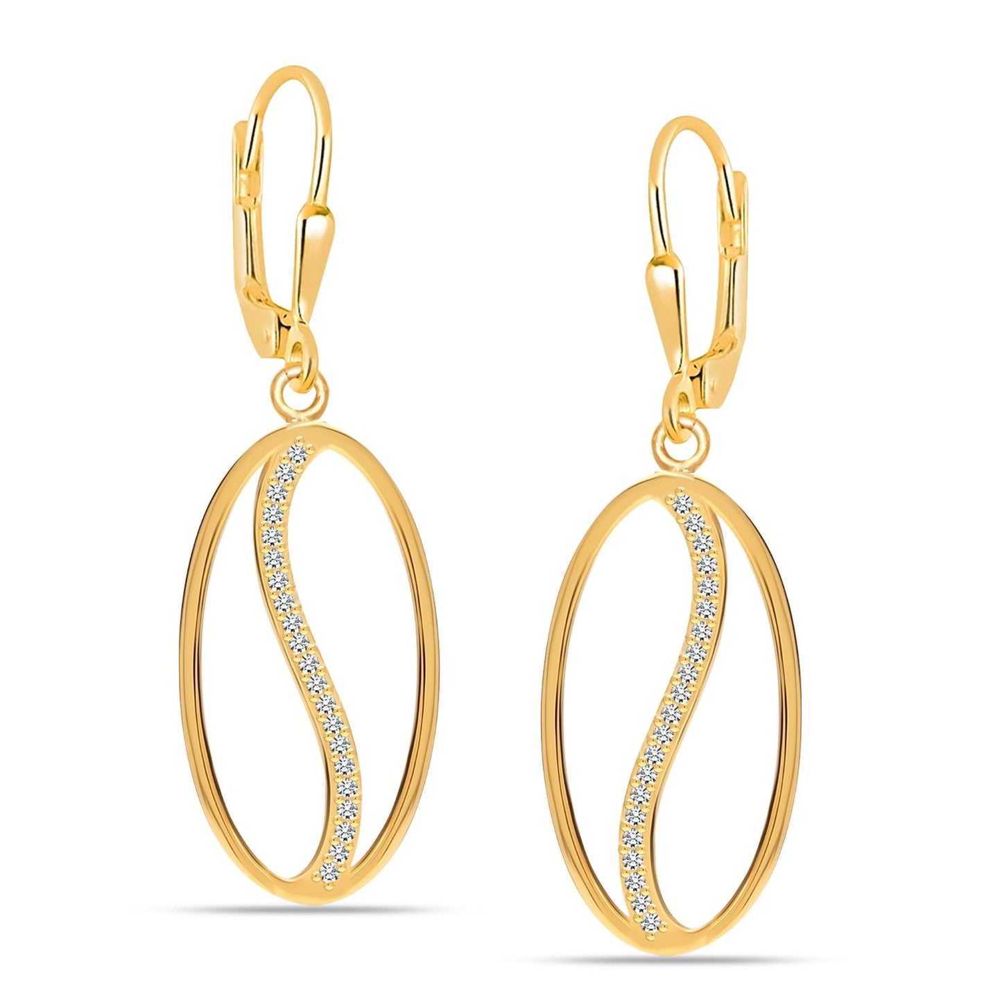 925 Sterling Silver 14K Gold Plated Italian Design CZ Oval Shape Leverback Drop Dangle Earrings for Women Teen