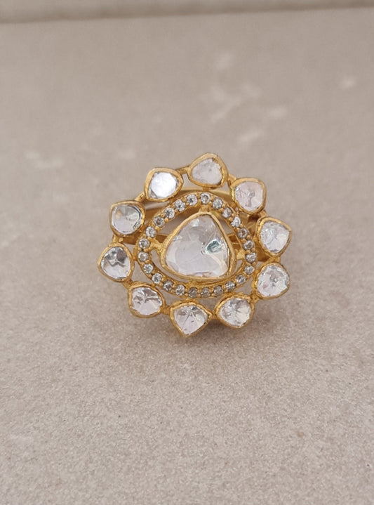 Gold Plated 925 Silver Halo Ring with Moissanite & Semiprecious Stones