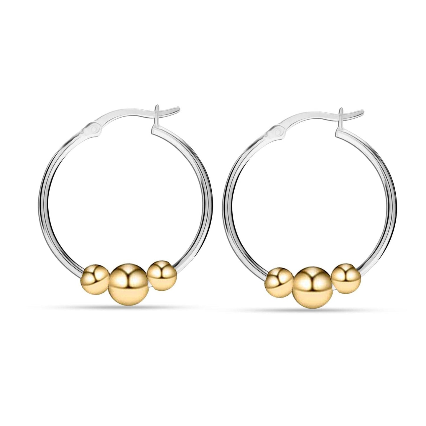 925 Sterling Silver Round Two-Tone Bead Ball Hoop Earrings for Women