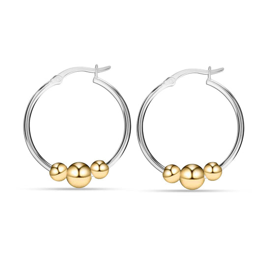 925 Sterling Silver Round Two-Tone Bead Ball Hoop Earrings for Women