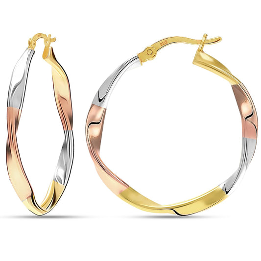 925 Sterling Silver 14K Gold-Plated Three-Tone Lightweight Twist Round Hoop Earrings for Women