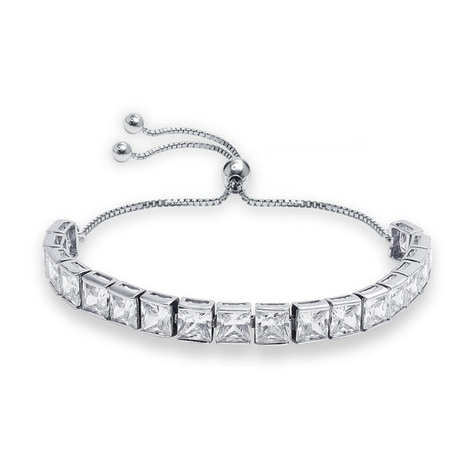 925 Sterling Silver Cubic Zirconia Sparkling Square Tennis Adjustable Bolo Bracelet for Women