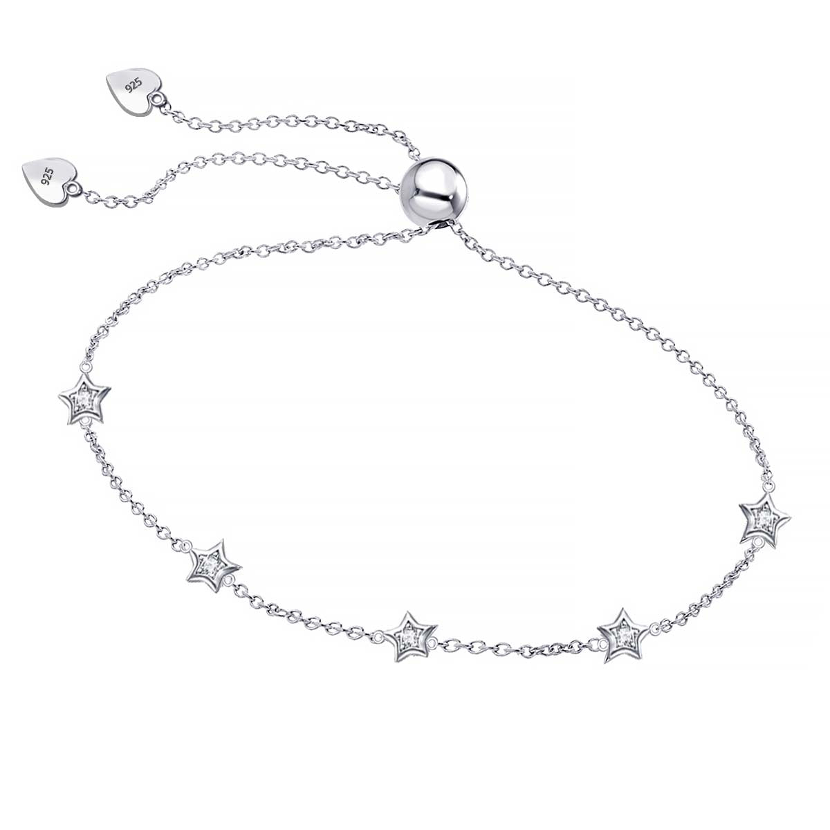925 Sterling Silver Cubic Zirconia Star Station Link Chain Sliding Bolo Bead Bracelet for Women