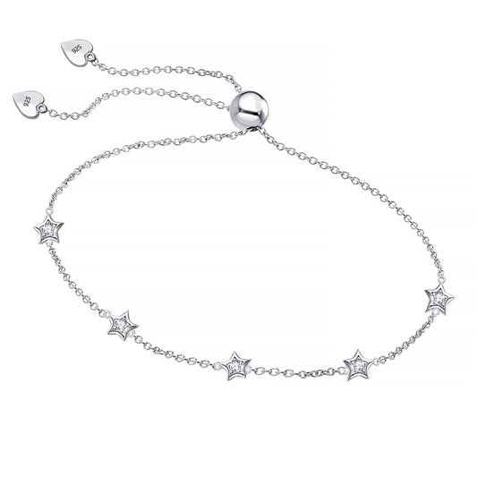 925 Sterling Silver Cubic Zirconia Star Station Link Chain Sliding Bolo Bead Bracelet for Women