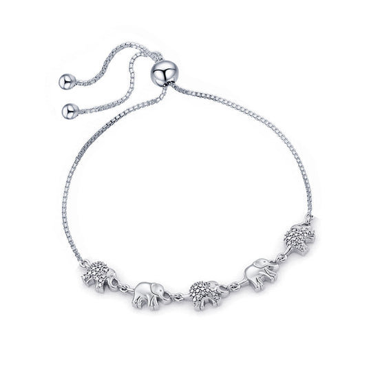 925 Sterling Silver CZ Adjustable Sliding Bolo Linked Elephant Bracelet for Women