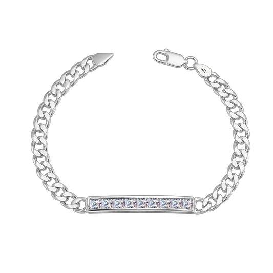 925 Sterling Silver Zirconia Stones Bar Cuban Link Chain ID Bracelet for Men